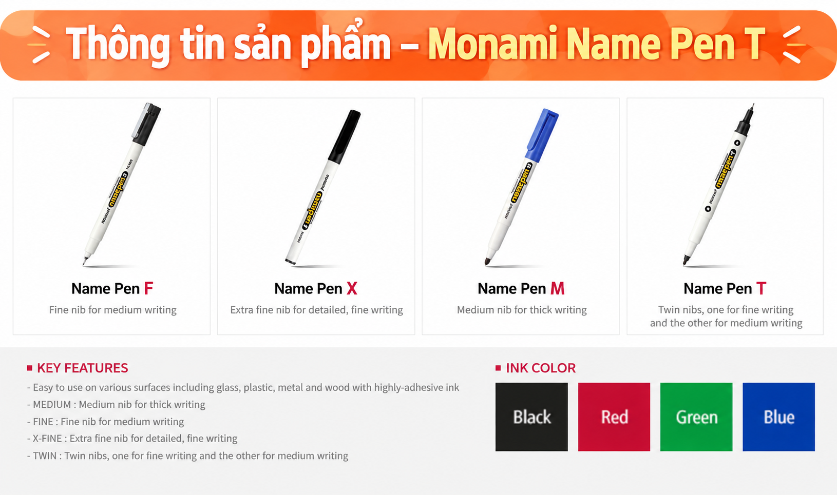 Hình ảnh dòng Monami Name Pen F/X/M/T – Nguồn: Monami