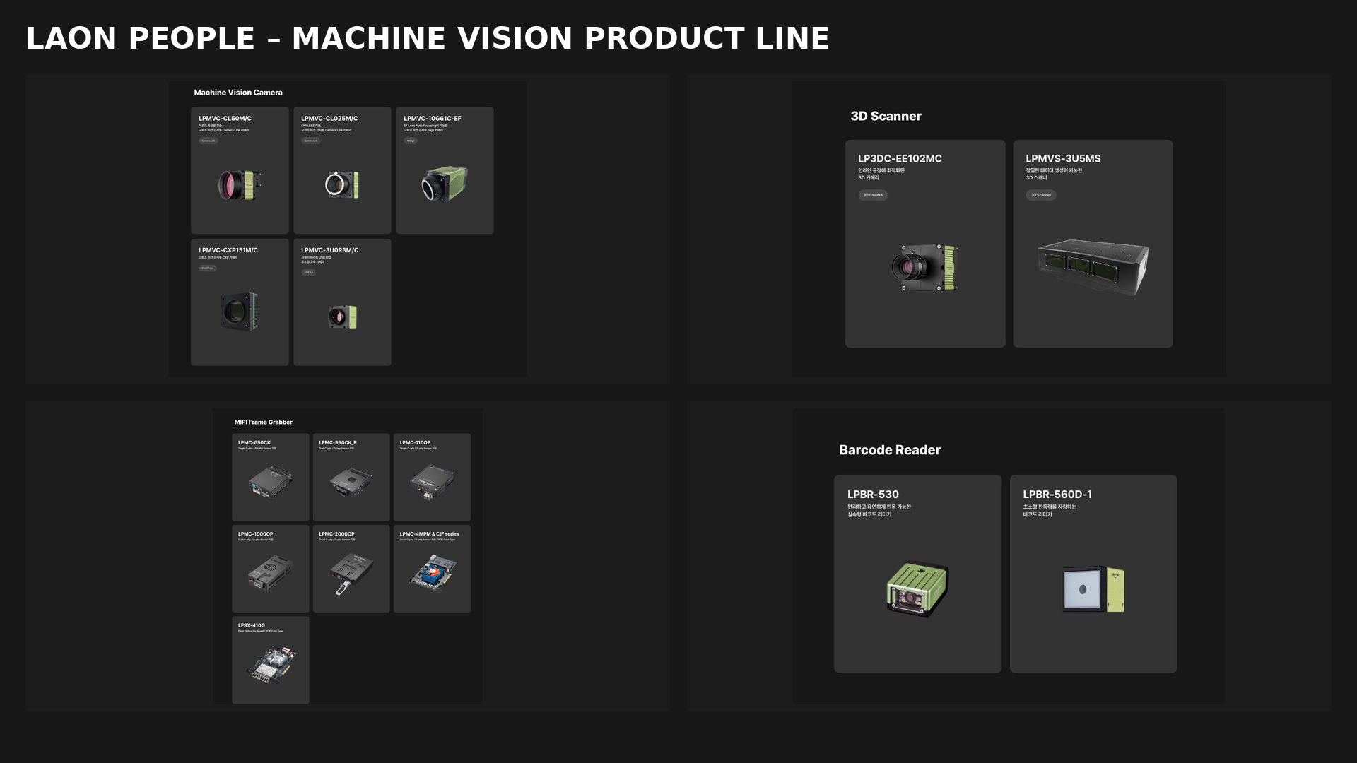 Các dòng sản phẩm Machine Vision của LAON PEOPLE: Machine Vision Camera, 3D Scanner, MIPI Frame Grabber và Barcode Reader.