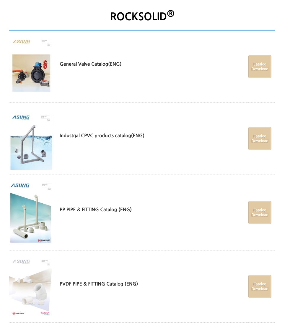 Hệ thống catalogue ROCKSOLID® của ASUNG Hàn Quốc, giới thiệu các dòng van nhựa công nghiệp, sản phẩm CPVC, đường ống và phụ kiện PP, PVDF.