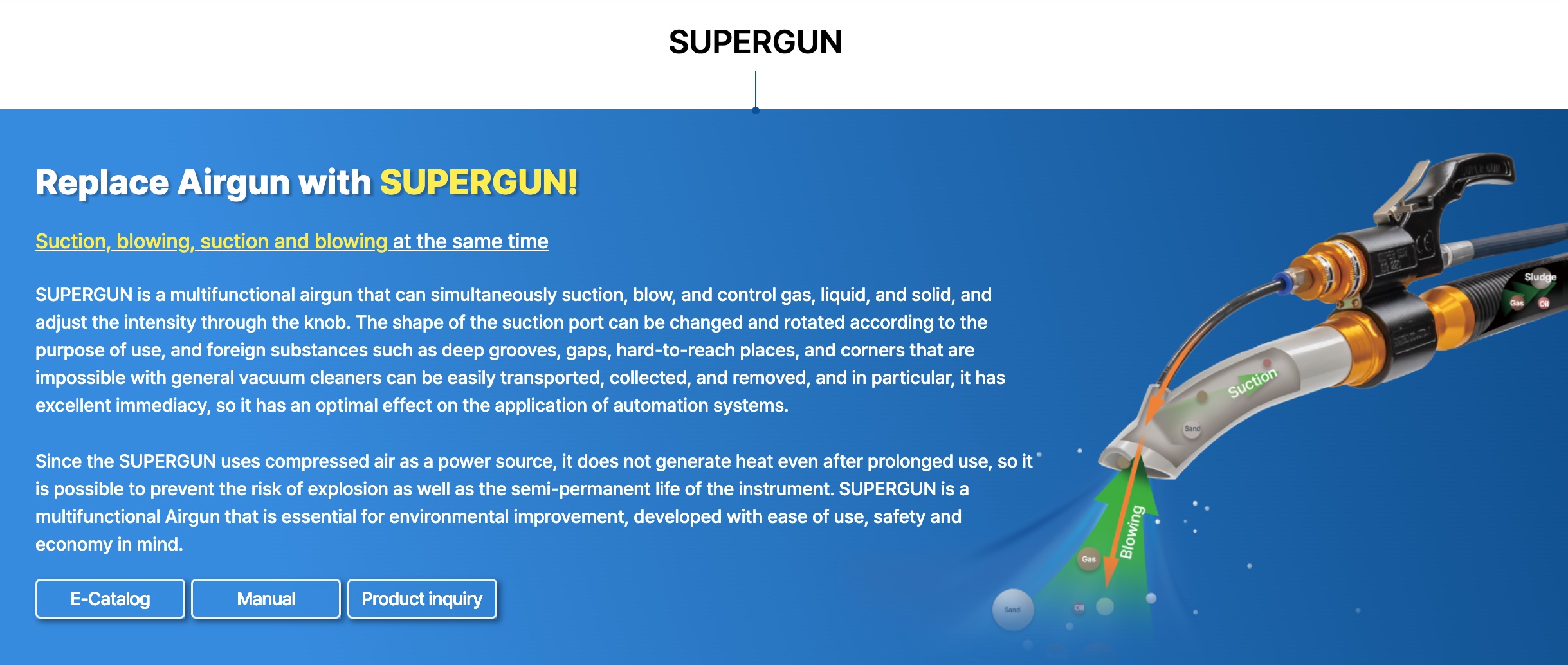 SUPERGUN – Súng khí nén đa chức năng của NAMBU, tích hợp khả năng hút và thổi để làm sạch thiết bị công nghiệp.