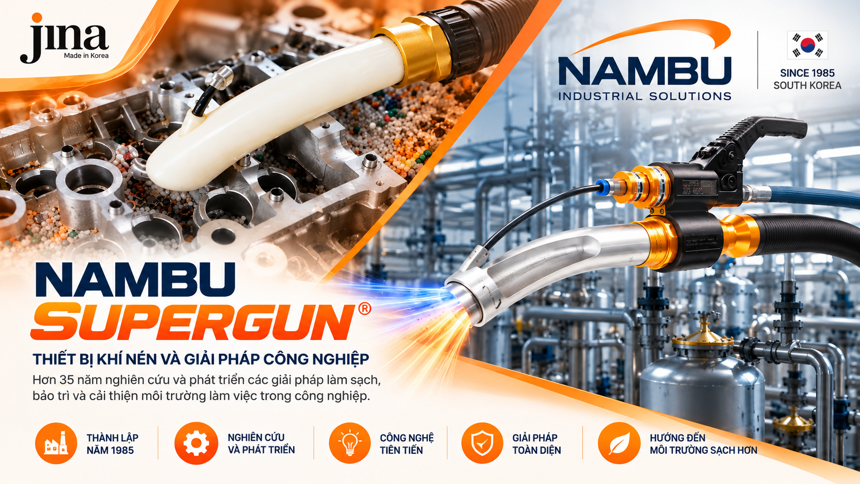 NAMBU SUPERGUN – Thương hiệu thiết bị khí nén và giải pháp làm sạch công nghiệp Hàn Quốc, với lịch sử phát triển từ năm 1985.